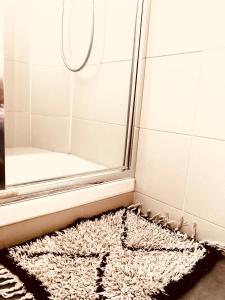 eine Dusche mit einem Spiegel und einem Teppich in der Unterkunft Chambre avec terrasse à Montmartre Sacré Coeur in Paris