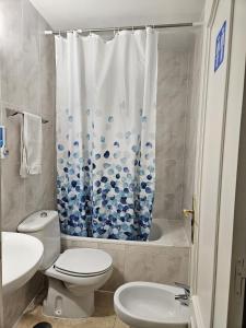 y baño con aseo y cortina de ducha. en Hostal Alfaro, en Madrid