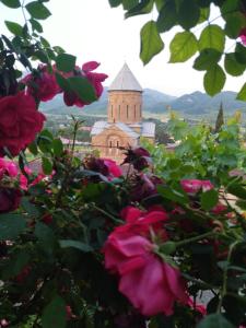 un grupo de rosas con una iglesia en el fondo en garden and panorama, en Mtskheta