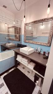 Un baño con lavabo, espejo y bañera. en Le Cosy Family Lourdes, en Lourdes