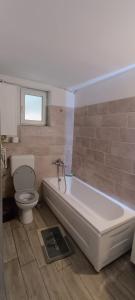 a bathroom with a white tub and a toilet at Casă de vacanţă ,,La Vălucu" in Curtea de Argeş +47 photos