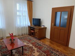 uma sala de estar com televisão e uma porta em Apartament Anatol em Sibiu