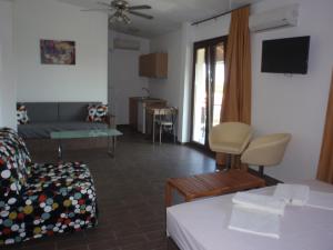 ein Wohnzimmer mit einem Sofa und einem TV in der Unterkunft Petrouda's Apartments in Samothráki