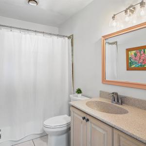 a bathroom with a toilet and a sink and a mirror at Modern Vacation home near Siesta Key & Downtown in Sarasota
