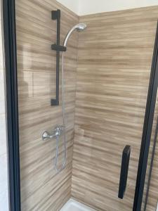 y baño con ducha y puerta de cristal. en Petite maison de vacances, en Fécamp