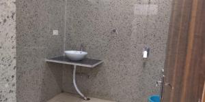 a bathroom with a shower with a sink on a shelf at Hotel Radha Rani Mahal in Khajurāho