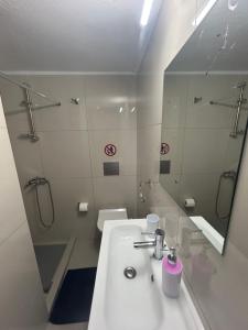 y baño con lavabo, aseo y espejo. en ΑKTIS apartment 2 near airport, en Artemida