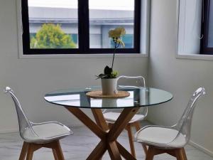 a glass table with two chairs and a plant on it at St Asaph City Apartment in Christchurch