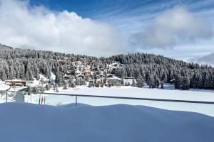 阿羅薩的住宿－Postresidenz am See，雪地中滑雪胜地的景色