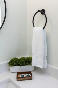 La salle de bains est pourvue d'un lavabo, d'une serviette blanche et d'une plante. dans l'établissement Hilltop 104 Inn at Old Beach, à Virginia Beach