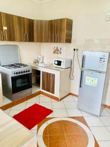 uma cozinha com um fogão e um frigorífico em Yonga Apartment em Kisumu