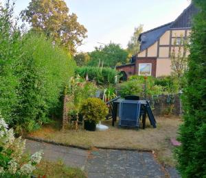 einen Garten vor einem Haus mit Grill in der Unterkunft Unterkunft Mohr in Schmerwitz