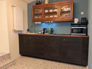a kitchen with a counter with a microwave and a microwave at POLKA in Schwarzenbach an der Saale