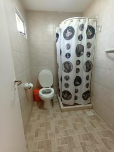 a bathroom with a toilet and a shower curtain at Lo de fernando 1 in Río Gallegos