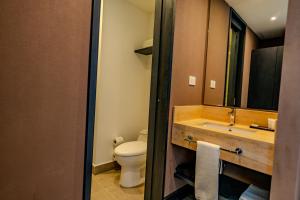 a bathroom with a sink and a toilet and a mirror at Hampton By Hilton Santiago Las Condes in Santiago