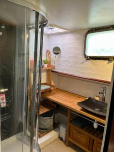 a small room with a desk and a shower at UNE PENICHE DANS LE BASSIN À FLOT DU VIEUX PORT in La Rochelle