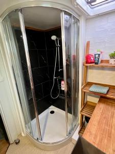 een douche met een glazen wand in een kamer bij UNE PENICHE DANS LE BASSIN À FLOT DU VIEUX PORT in La Rochelle