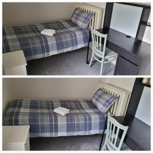 two pictures of a bedroom with a bed and a desk at The Hardy Room in Windsor