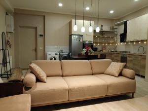a living room with a couch and a kitchen at Medea's Home in Kutaisi +43 photos
