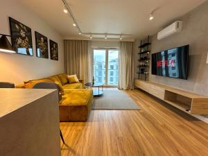 Bagry Apartments في كراكوف: غرفة معيشة مع أريكة وتلفزيون