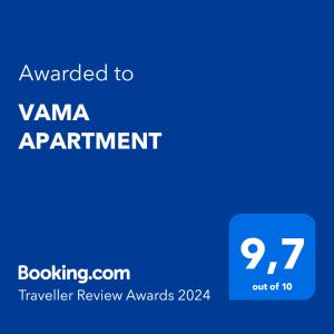 Certifikát, hodnocení, plakát nebo jiný dokument vystavený v ubytování VAMA APARTMENT