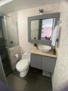 Apartamento norte Barranquilla 2 habitaciones في بارانكويلا: حمام مع مرحاض ومغسلة ومرآة
