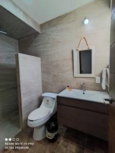 Departamento nuevo en la Paz, Puebla ROSS في Momoxpan: حمام مع مرحاض ومغسلة ومرآة