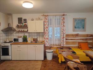 a kitchen and dining room with a table and a kitchen and a room with at U Mushera in Vrchlabí