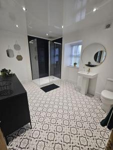 a bathroom with a shower and a toilet and a mirror at HollyJess Hoose in Stranraer