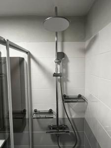 uma casa de banho com chuveiro e luz na parede em Appartement 4 couchages centre-ville em Albertville