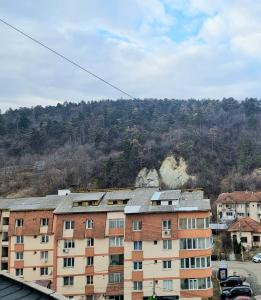 an apartment building with a mountain in the background at Feel Like Home in Piatra Neamţ
