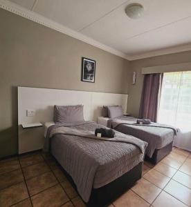 Habitación de hotel con 2 camas y ventana en ZUCH Accommodation At Pafuri Self Catering - Comfort Apartment, en Polokwane