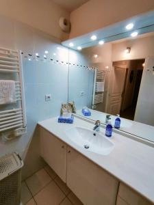 baño con lavabo y espejo grande en Appartement T3 avec piscine, climatisation, wifi et garage en Collioure