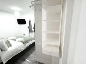 a bedroom with a bed and a white closet at Studio with Bathroom and Kitchen 20 minutes from Central London in London