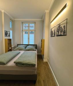 1 Schlafzimmer mit 2 Betten und einem Fenster in der Unterkunft Stadt-Idyll Schwerin im Zentrum in Schwerin