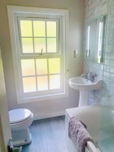 a bathroom with a sink and a toilet and a window at Steam Train Cottage - Lake District Hideaway in Newby Bridge
