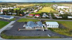 an aerial view of a small town with a street at Kanslarinn Hostel in Hella