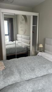 Apartamento Riglos2 Candanchu في كاندانتشو: غرفة نوم بسريرين ومرآة كبيرة