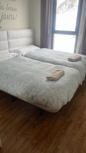 two beds sitting next to each other on a wooden floor at Apartamento Riglos2 Candanchu in Candanchú