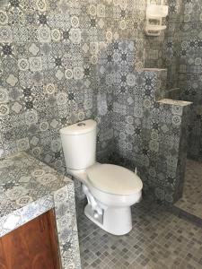 ein Bad mit einem WC in einer gefliesten Wand in der Unterkunft Amarilla (Amar y ya) in Cuatunalco