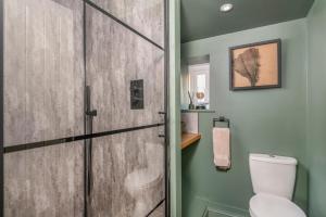 a bathroom with a shower and a toilet at Gibson Cottage in Penrith