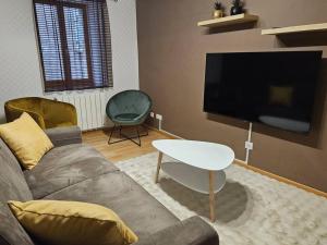 Il comprend un salon doté d'un canapé et d'une télévision à écran plat. dans l'établissement Appartement Cosy Lac, à Évian-les-Bains
