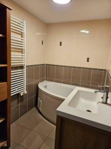 La salle de bains est pourvue d'une baignoire et d'un lavabo. dans l'établissement Appartement Cosy Lac, à Évian-les-Bains