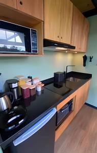 eine Küche mit einer Spüle und einer Mikrowelle in der Unterkunft Sitio Sunset Joy in Santa Maria