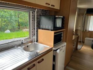 a kitchen with a sink and a microwave and a window at La caravane de Maminou in Stavelot