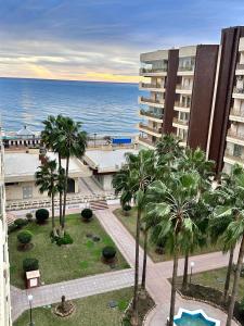 - une vue sur l'océan depuis un bâtiment avec des palmiers dans l'établissement Playa Dona Sofia Bella, à Fuengirola