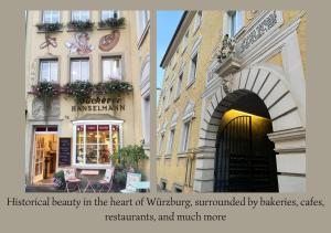 ヴュルツブルクにあるUrban Retreat - Central and Historic with Private Parkingの小売店が並ぶ建物に囲まれたウィルキンガムの中心部にある美しい雰囲気のレストランです。