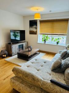 a living room with a couch and a tv at Play Away Lodge in Basildon