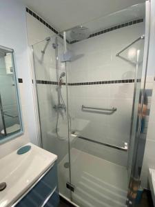 una ducha de cristal en un baño con lavabo en Logement indépendant avec jardin. Proche de Paris, en Sartrouville 11 fotos más