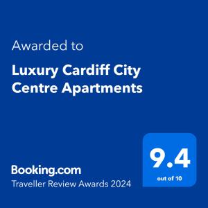 a blue sign with the text awarded to luxury car rental city centre apartments at Luxury Cardiff City Centre Apartments in Cardiff